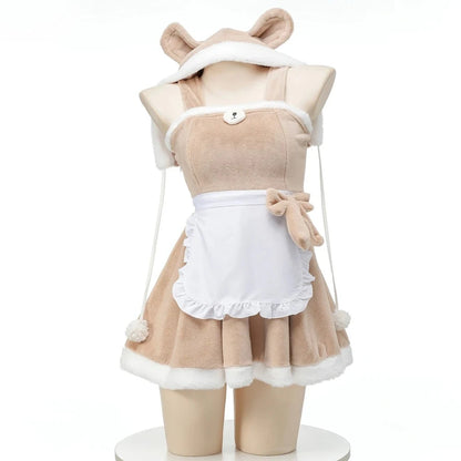 Hooded Teddy Cutie Dress Set in brown and white with pom-pom hood, mini bear face chest, side ribbon detail, fuzzy soft cozy outfit