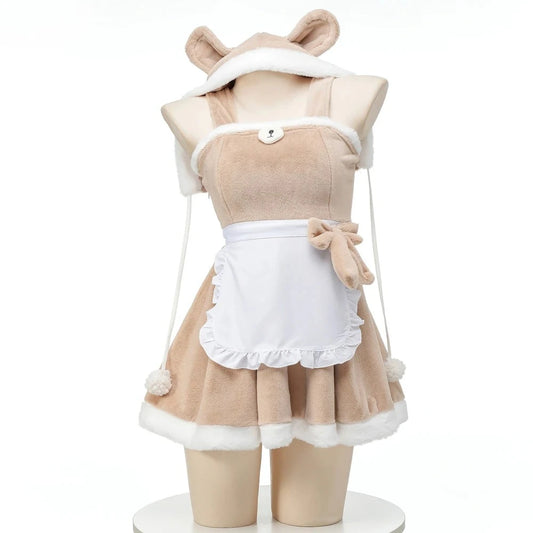 Hooded Teddy Cutie Dress Set in brown and white with pom-pom hood, mini bear face chest, side ribbon detail, fuzzy soft cozy outfit