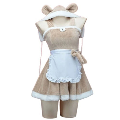 Hooded Teddy Cutie Dress Set brown & white hooded soft-life outfit, fuzzy bear face detail, ribbon side accent, perfect DDLG/ABDL cosplay