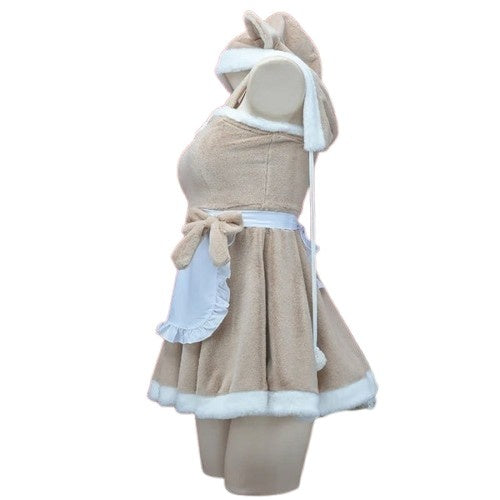 Hooded Teddy Cutie Dress Set brown & white mini flirty bear dress, fuzzy texture, pom-pom hood, soft-life cozy dollcore outfit