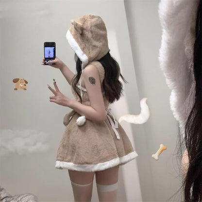 Hooded Teddy Cutie Dress Set brown and white for playful soft-life moments, DDLG/ABDL friendly, dollcore cute cozy outfit