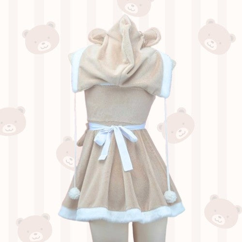 Hooded Teddy Cutie Dress Set brown and white with pom-pom hood, side ribbon detail, and mini bear face chest, soft-life cozy flirty outfit