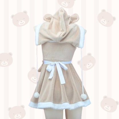 Hooded Teddy Cutie Dress Set brown and white with pom-pom hood, side ribbon detail, and mini bear face chest, soft-life cozy flirty outfit