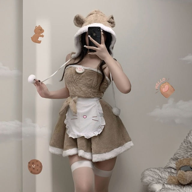 Hooded Teddy Cutie Dress Set brown & white soft little honey outfit, fuzzy cozy dress with pom-pom hood, mini bear face, side ribbon