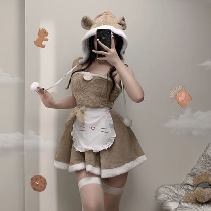 Hooded Teddy Cutie Dress Set brown & white soft little honey outfit, fuzzy cozy dress with pom-pom hood, mini bear face, side ribbon