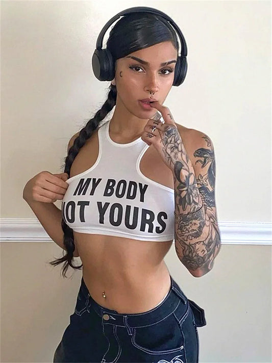 Hot Feminist Statement Crop Top in black, bold “MY BODY NOT YOURS” graphic, edgy cutecore & streetwear vibes