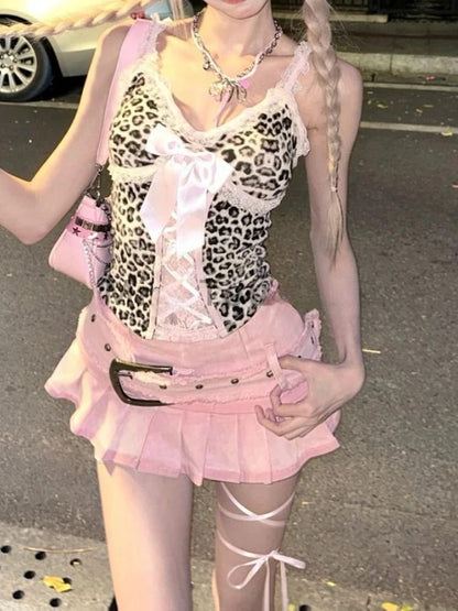 Hot pink leopard baddie outfit with Y2K kawaii aesthetic top and mini skirt