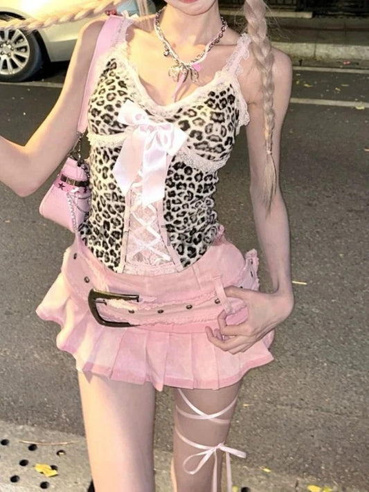 Hot pink leopard baddie outfit with Y2K kawaii aesthetic top and mini skirt