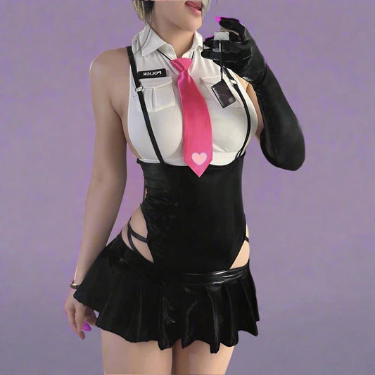 Hot Pursuit police cosplay set with cropped officer top, high-cut bottoms, and ddlg kawaii baddie style