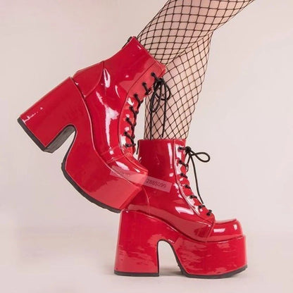Glossy red chunky platform boots for bold cutecore, dollcore, and TikTok runway-ready aesthetics