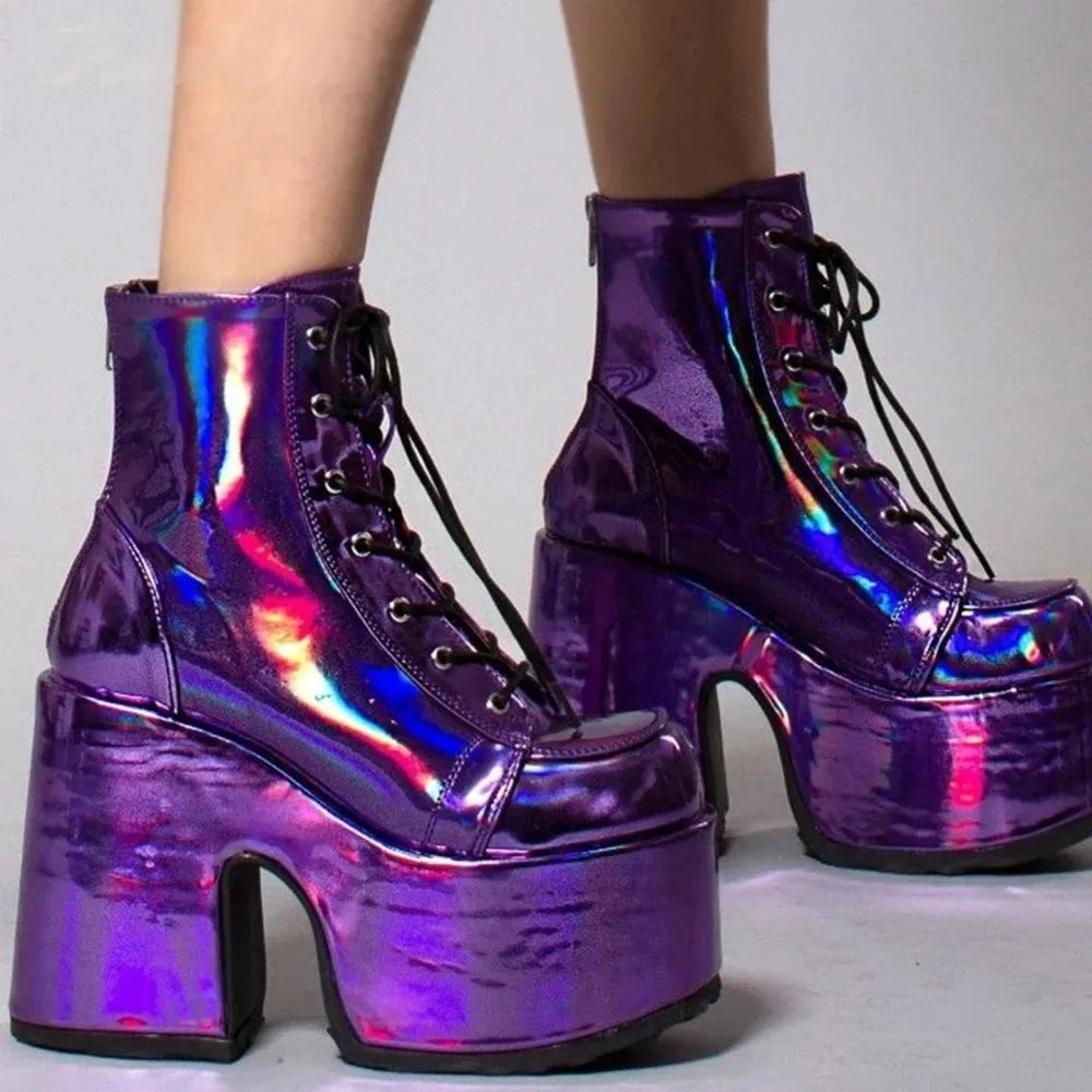 Purple holographic chunky platform boots, perfect for TikTok stomps, dollcore fits, and baddie aesthetics