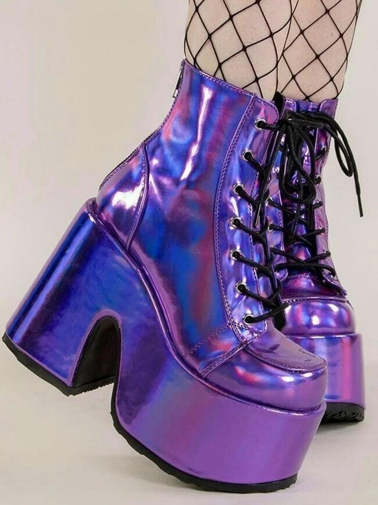 Purple holographic Iconic Energy platform boots with chunky heel for cutecore, dollcore, and DDLG fashion