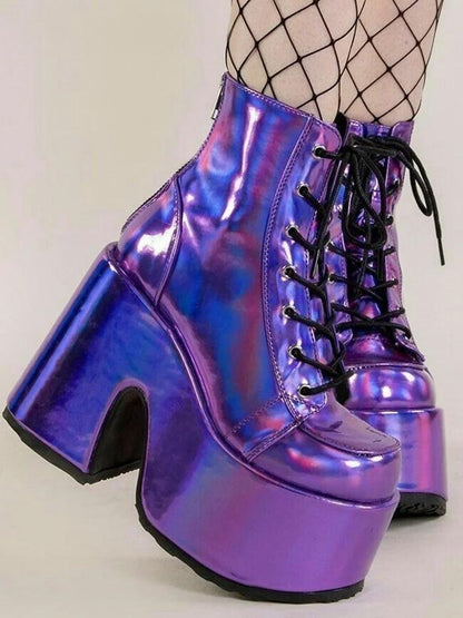 Purple holographic Iconic Energy platform boots with chunky heel for cutecore, dollcore, and DDLG fashion
