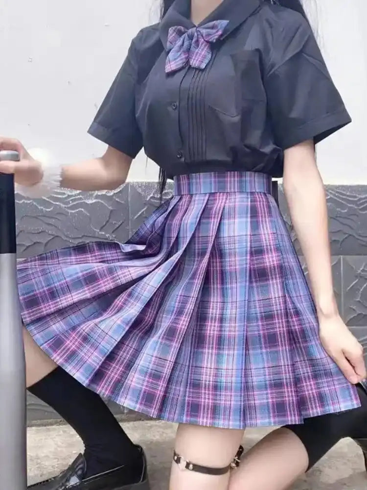 Iconic Preppy Plaid Skirt Blue Pink, pastel pleated skirt for kawaii, cutecore, and DDLG schoolgirl style