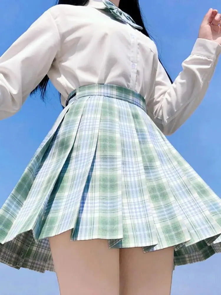 Iconic Preppy Plaid Skirt Green Blue, pleated schoolgirl skirt for kawaii, DDLG, and cutecore styles