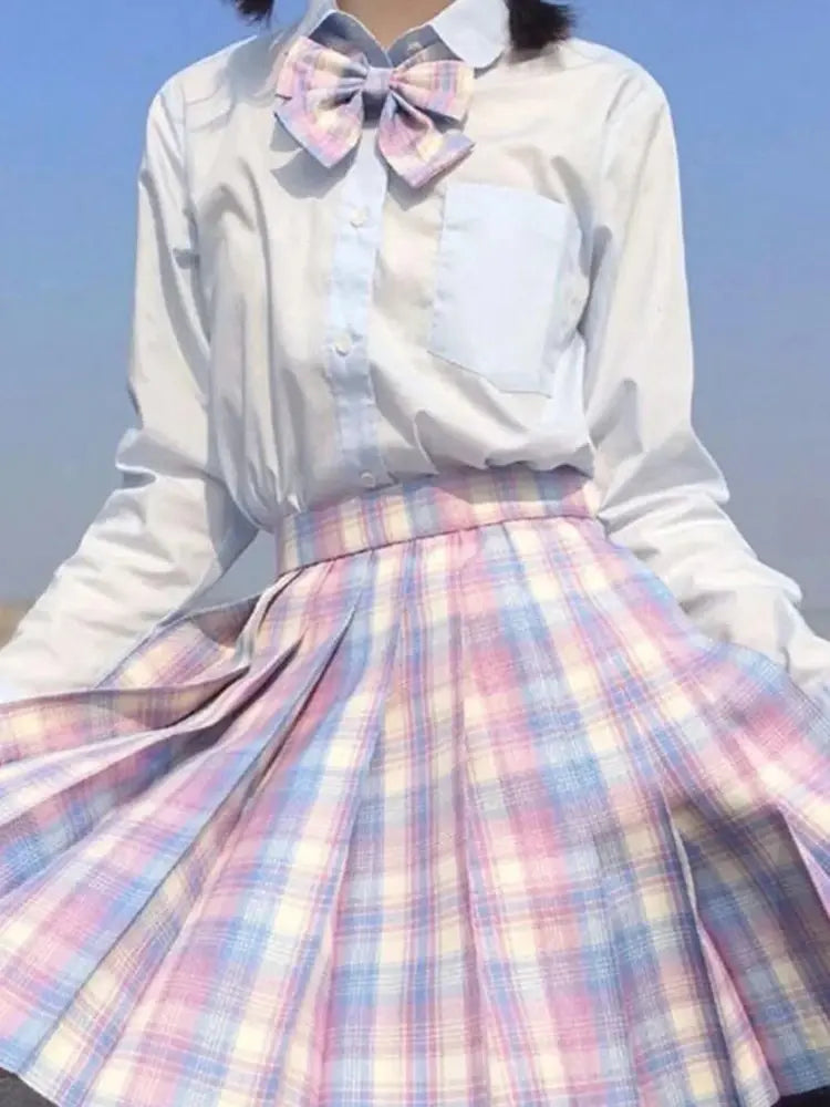 Iconic Preppy Plaid Skirt Pink Blue, pastel pleated skirt for kawaii, DDLG, and schoolgirl cutecore outfits