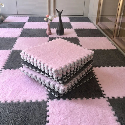 Gray and pink interlocking foam mat tiles, ideal for decorating DDLG or ABDL rooms with a comfy, safe floor