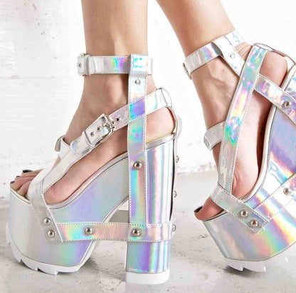 Iridescent multicolor platform heels with double buckle straps, pastel and holographic vibes, perfect for kawaii, soft girl, DDLG, and fairycore fashion