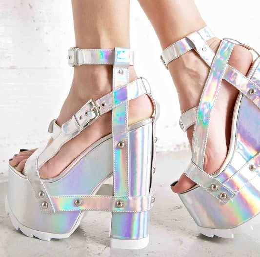 Iridescent multicolor platform heels with double buckle straps, pastel and holographic vibes, perfect for kawaii, soft girl, DDLG, and fairycore fashion