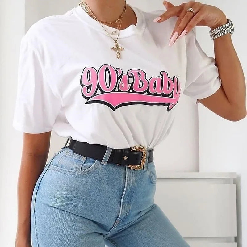 Kawaii 90s Baby Throwback tee in soft polyester broadcloth, relaxed straight fit and short sleeves for cozy casual style