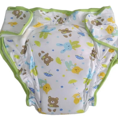 Front view of Kawaii Animal Parade Diaper with colorful cartoon animal print and soft, breathable fabric
