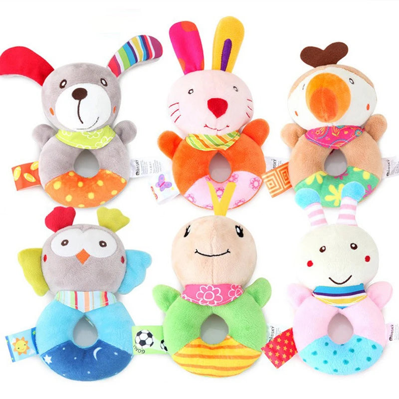 Kawaii animal plush rattle set including parrot, turtle, bee, dog, rabbit, and owl for babygirl ddlg abdl play.