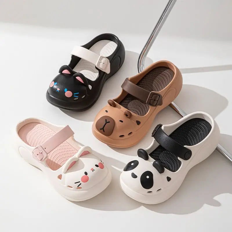 Variety of kawaii animal slides in multiple colors for casual, beach, and poolside summer looks