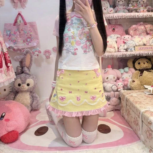 Cute animal tail and smile skirt with bright yellow ribbons, perfect for Lolita layering