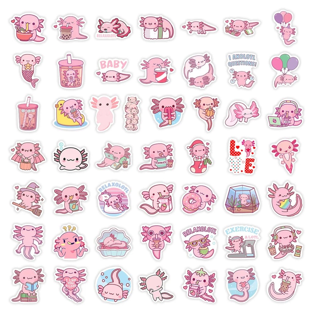 Kawaii axolotl decal set with colorful, waterproof stickers sized for phones, notebooks, and travel accessories.