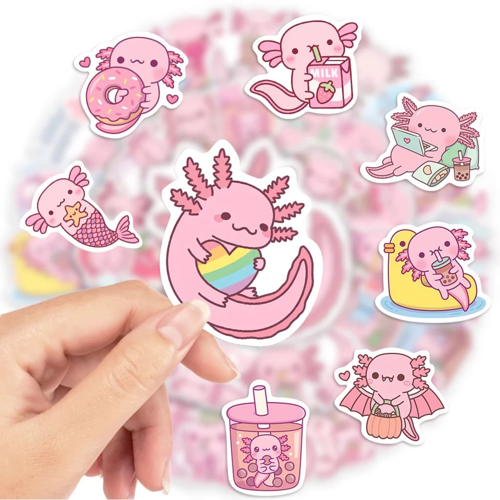 Kawaii axolotl vinyl stickers ideal for laptops, scrapbooks, journals, and luggage with durable waterproof finish.