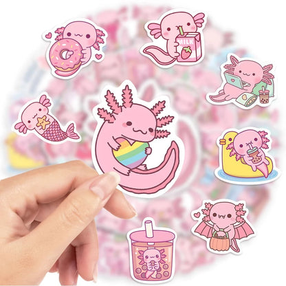 Kawaii axolotl vinyl stickers ideal for laptops, scrapbooks, journals, and luggage with durable waterproof finish.