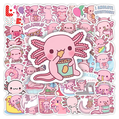 Kawaii axolotl waterproof sticker pack with 50 cute designs, perfect for decorating phones, laptops, and journals.