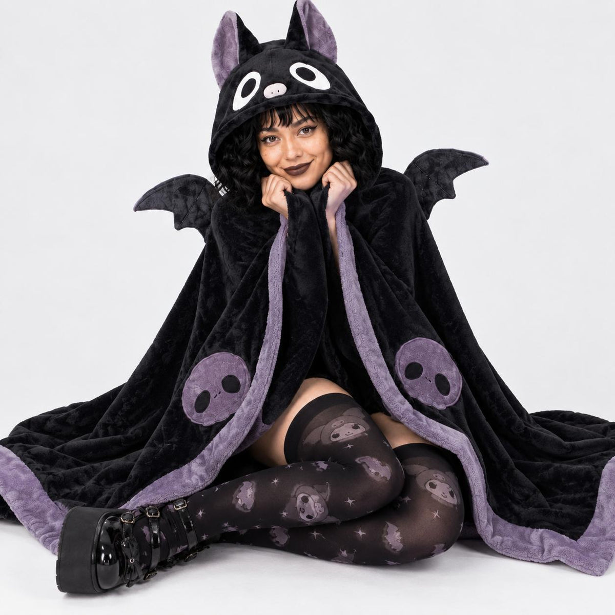 Model wearing Kawaii Baby Bat blanket cape with bat hood, DDLGirl gothic style