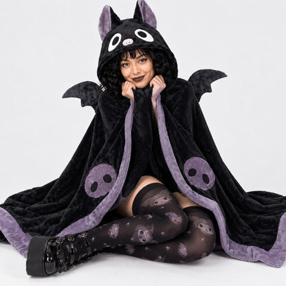 Model wearing Kawaii Baby Bat blanket cape with bat hood, DDLGirl gothic style