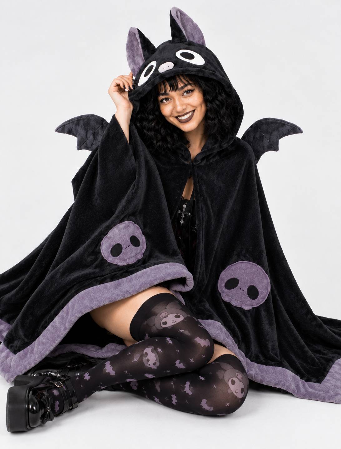 Model wearing Kawaii Baby Bat blanket cape, DDLGirl cozy gaming style