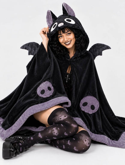 Model wearing Kawaii Baby Bat blanket cape, DDLGirl cozy gaming style