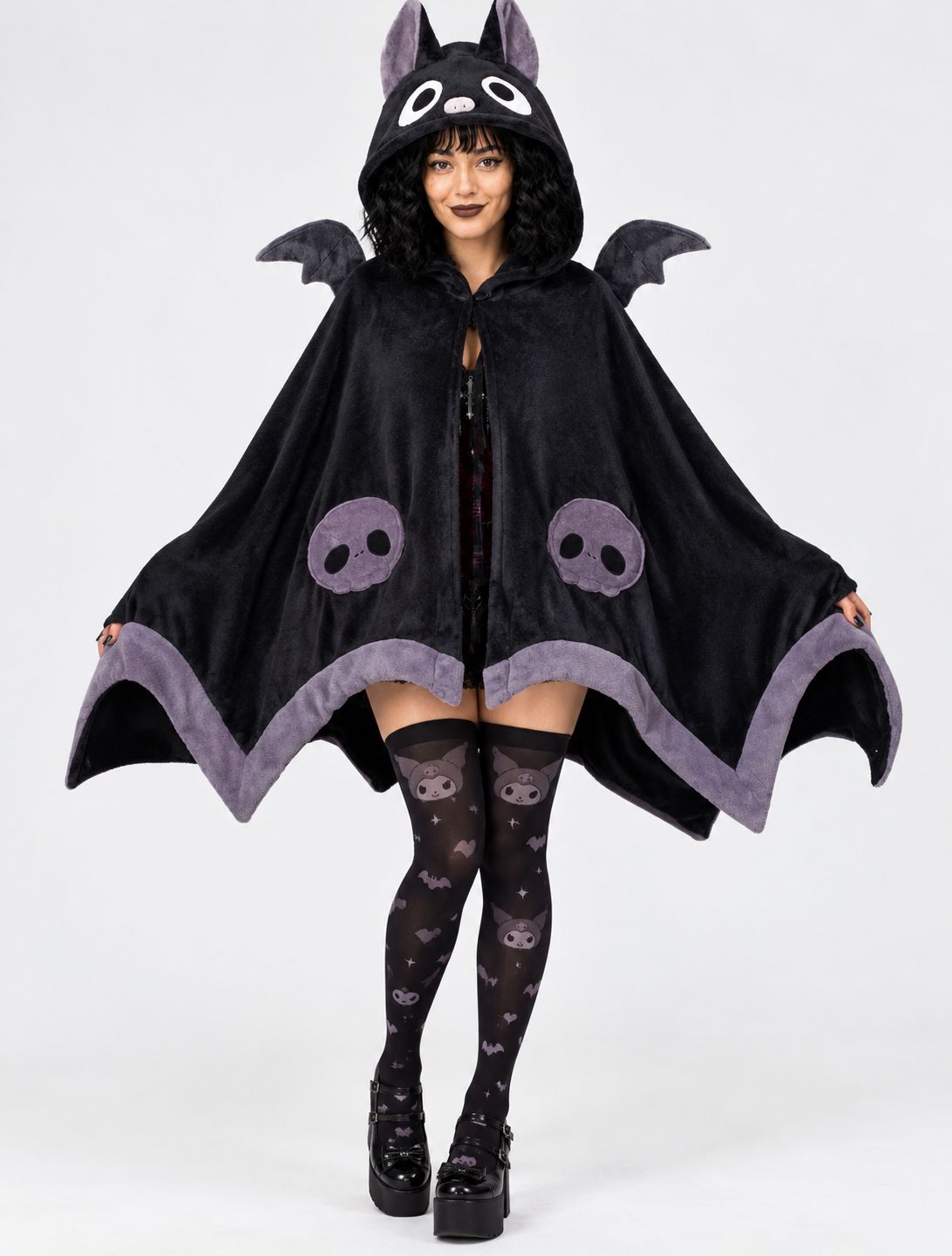 Model lounging in Kawaii Baby Bat blanket cape, DDLGirl loungewear style