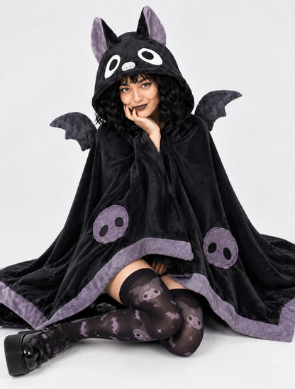 Model wearing Kawaii Baby Bat blanket cape showing mini wing detail