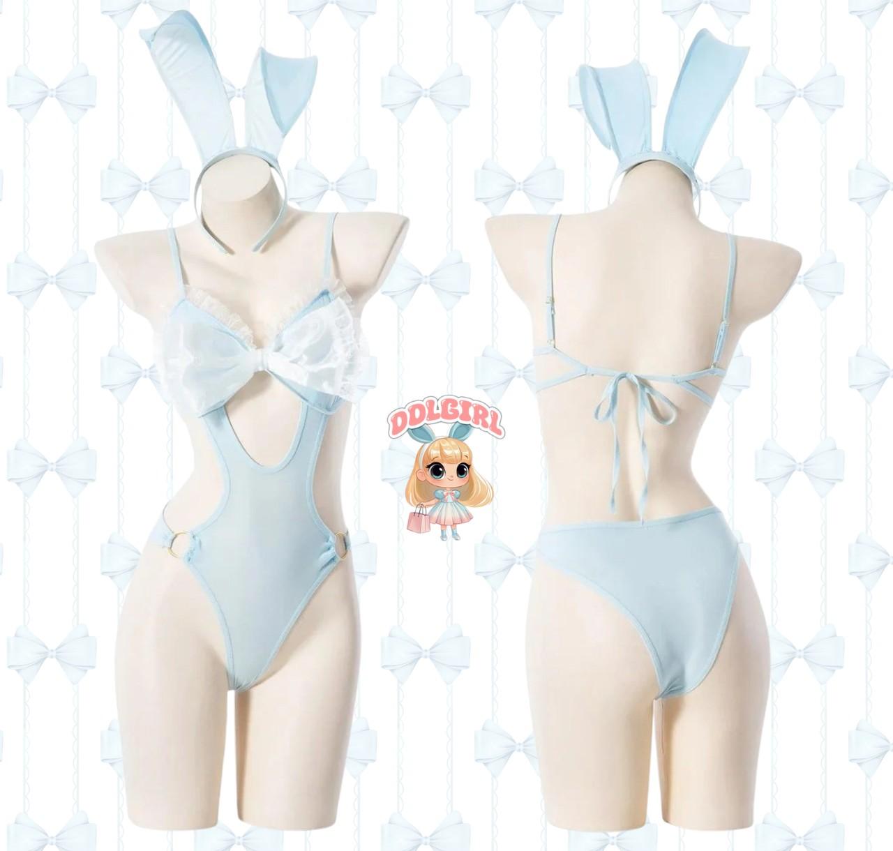 Kawaii Baby Blue Bunny Bodysuit Set with soft girl pastel vibes, flirty ribbons, bunny ears, and ddlgirl-approved cutecore outfit