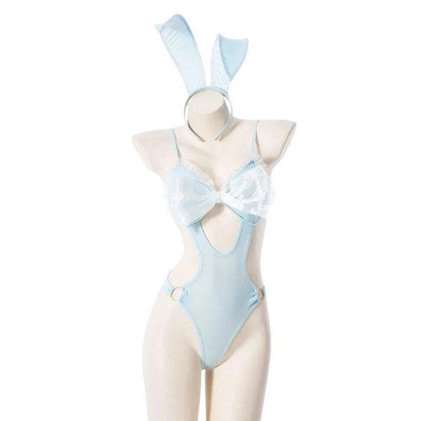 Flirty Baby Blue Bunny Bodysuit Set with soft girl cutecore details, pastel ribbons, bunny ears, and ddlgirl kawaii outfit