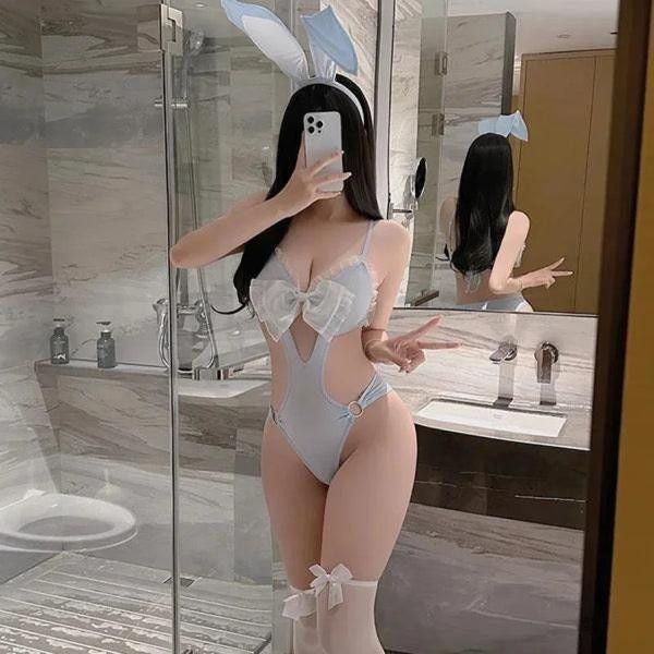 Front view of Kawaii Baby Blue Bunny Bodysuit Set with ribbon, hip rings, and soft girl pastel cutecore vibes