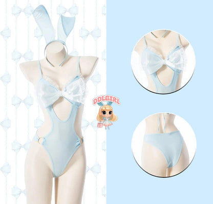 Playful Baby Blue Bunny Bodysuit Set with hip rings and ribbon, kawaii ddlgirl fashion, pastel cutecore soft girl vibes