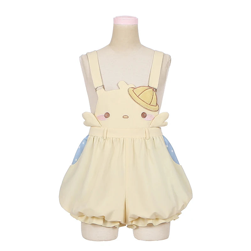 Kawaii yellow baby chick shorts with suspenders and tiny hat, perfect for ABDL and pastel cutecore fashion