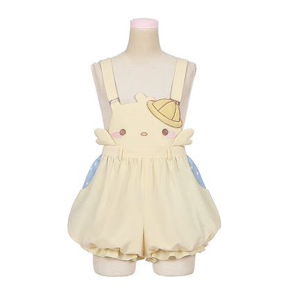 Kawaii yellow baby chick shorts with suspenders and tiny hat, perfect for ABDL and pastel cutecore fashion