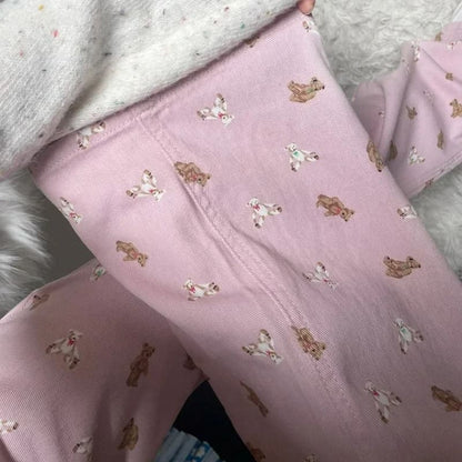 Cute teddy bear print denim pants in pastel pink for babycore, kawaii, and DDLG aesthetics