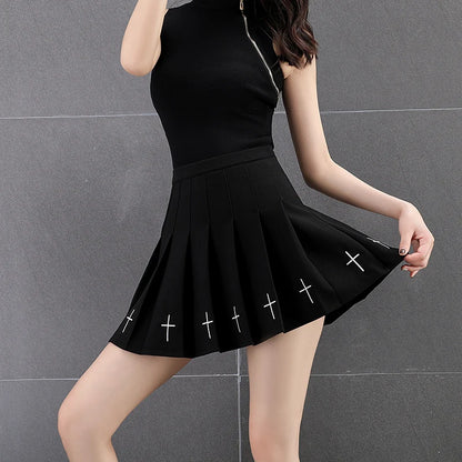 Kawaii black skirt with bold white crosses, DDLG ABDL alternative cutecore outfit.