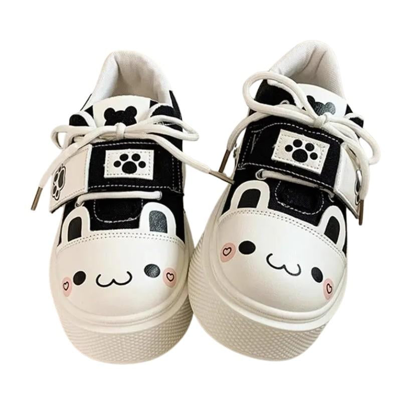 Kawaii sneakers with blushing kitten face and paw prints leaving cute pastel trails everywhere