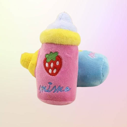 Close up of colorful bottle detail on kawaii plush squeaky toy, DDLGirl style
