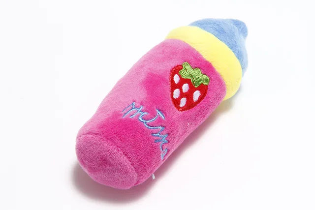 Strawberry variant kawaii bottle plush squeaky toy with embroidered details, DDLG style