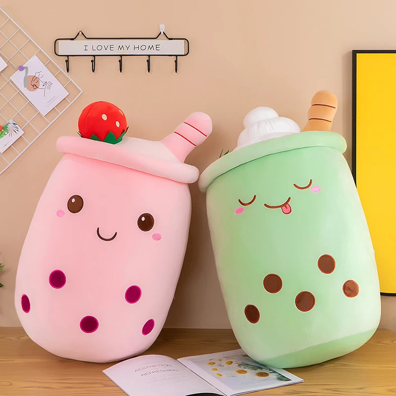 Kawaii Bubble Tea Cuddle Plushie 2-pack in strawberry and matcha, huggable cute plush toy